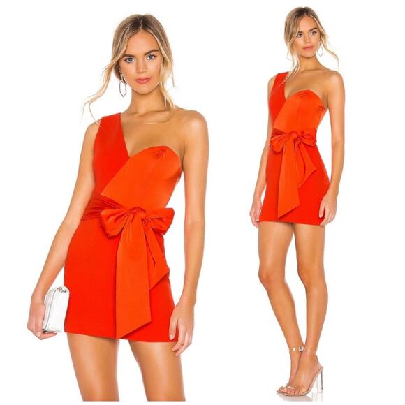NBD Revolve Jasper Mini Dress Size SMALL One Shoulder Red Orange Sash Bow - Picture 1 of 12